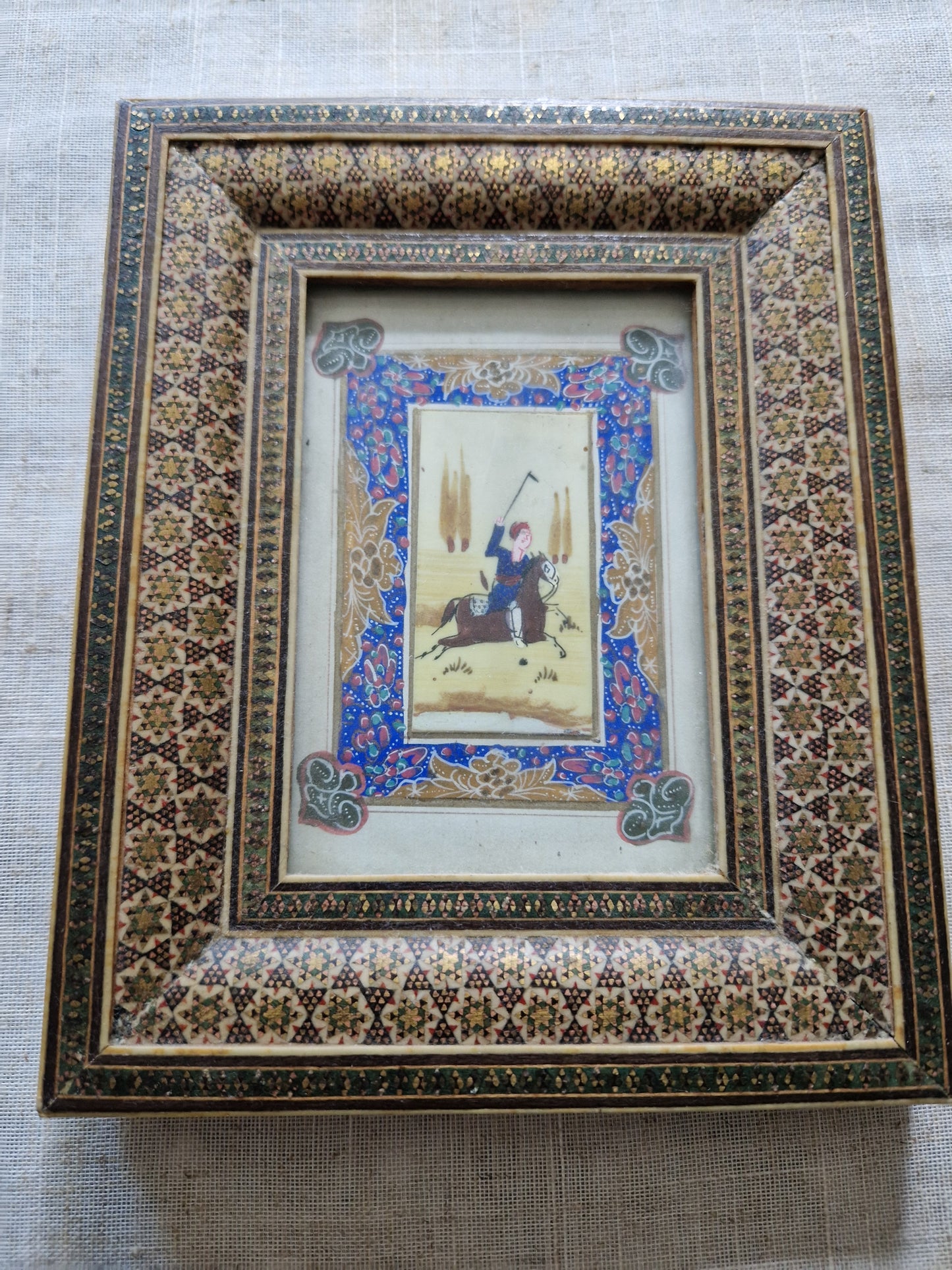 Vintage Persian Chogan Miniature Painting in Exquisite Khatam Marquetry Frame