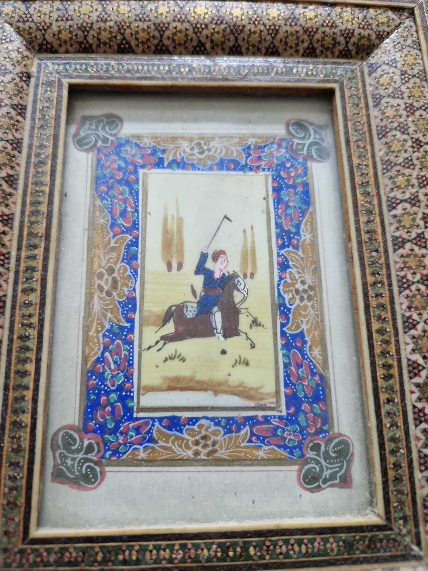 Vintage Persian Chogan Miniature Painting in Exquisite Khatam Marquetry Frame