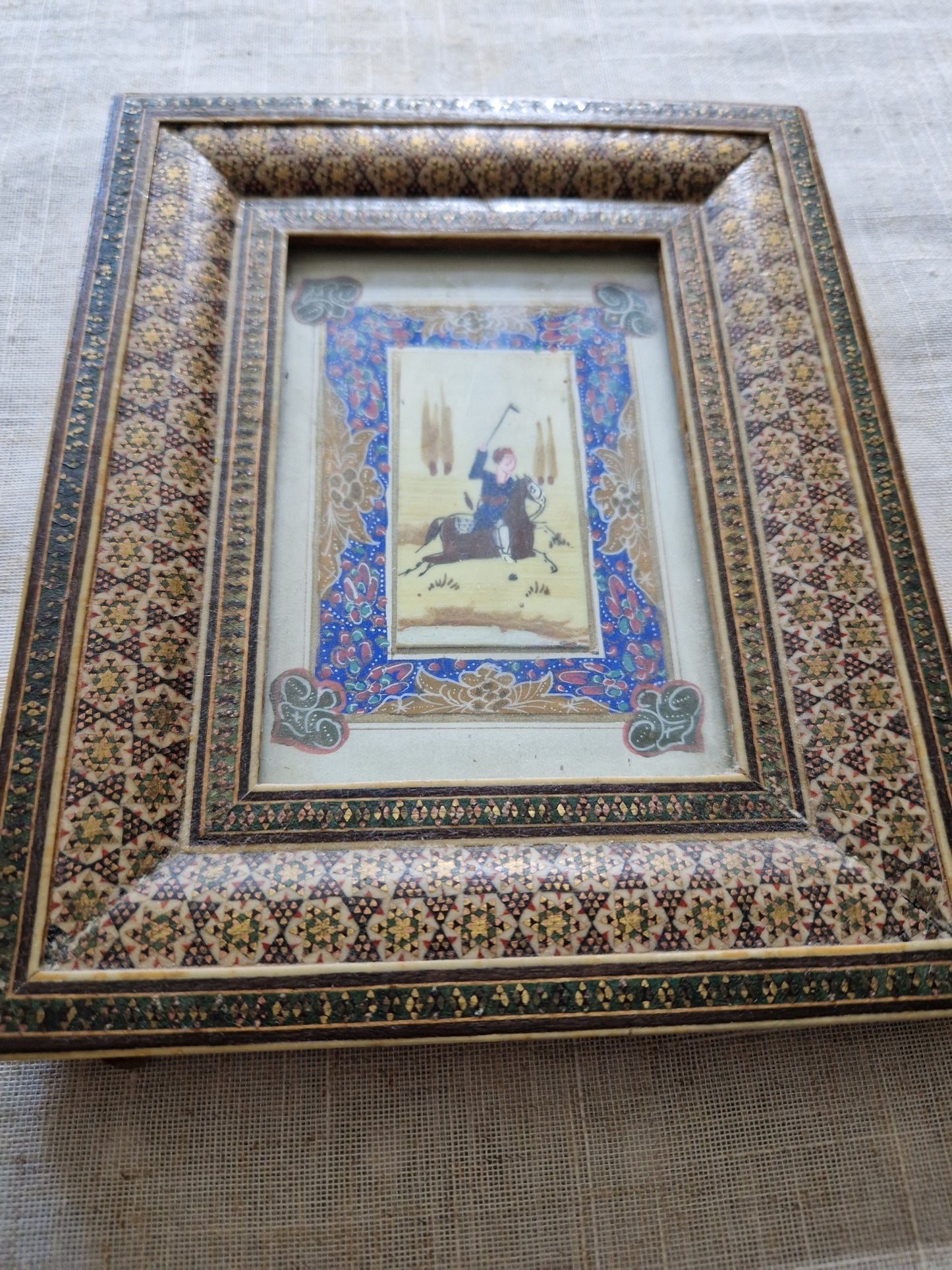 Vintage Persian Chogan Miniature Painting in Exquisite Khatam Marquetry Frame