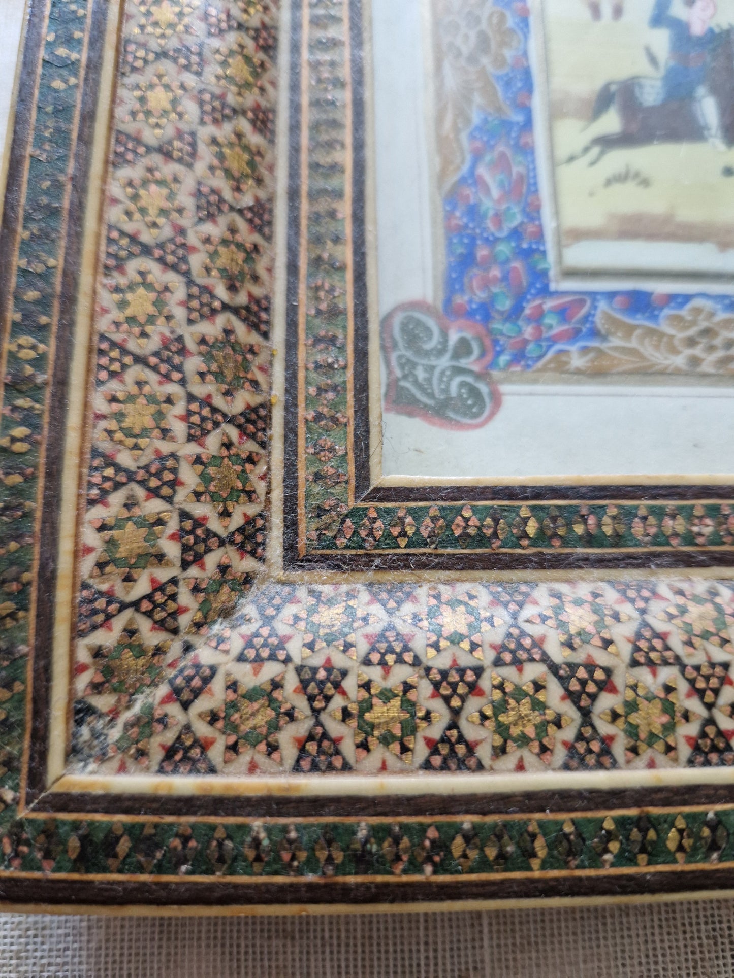 Vintage Persian Chogan Miniature Painting in Exquisite Khatam Marquetry Frame
