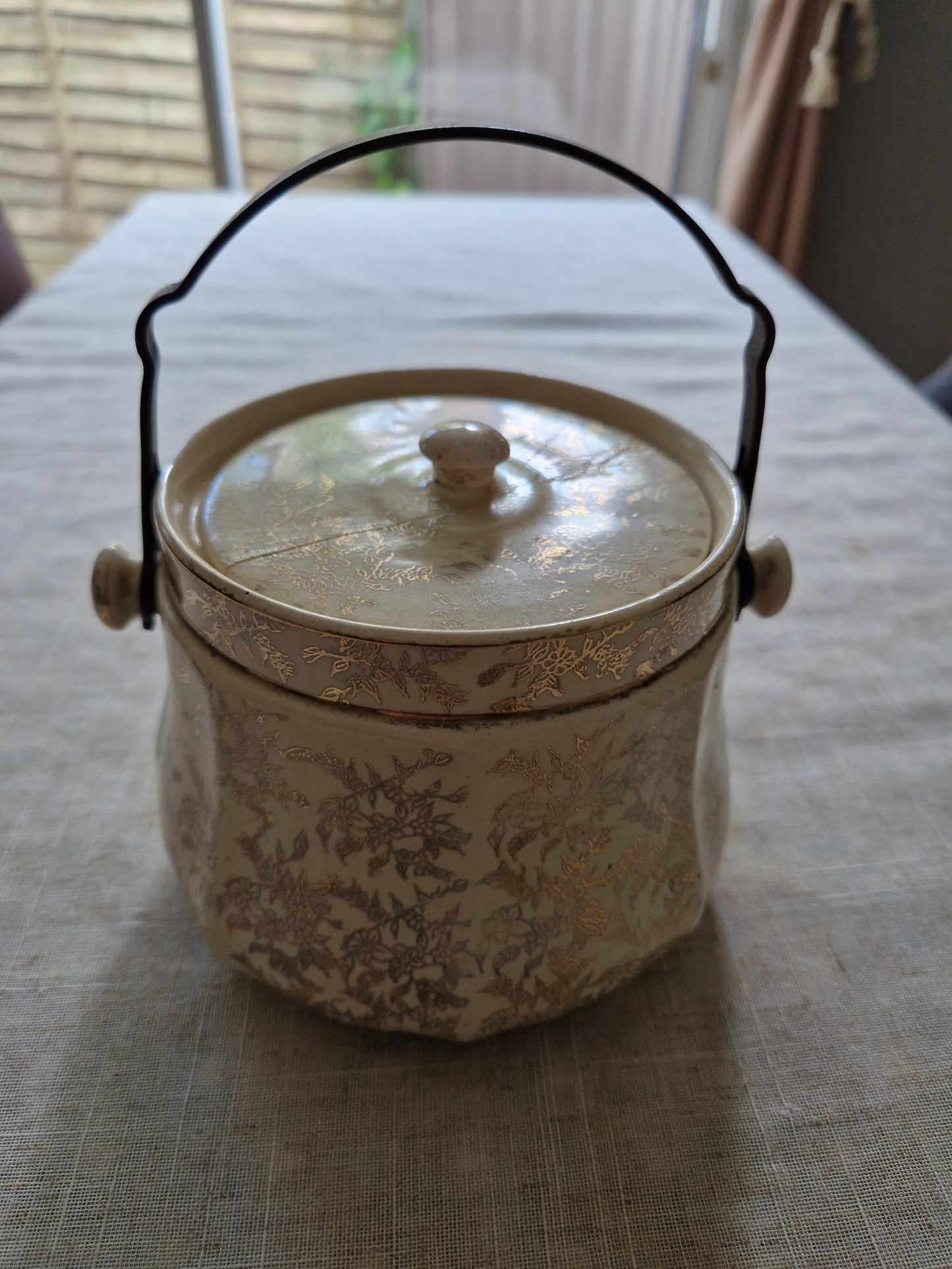Vintage Sadler Crinoline Lady Biscuit Barrel - English Pottery Cookie Jar with Cane Handle
