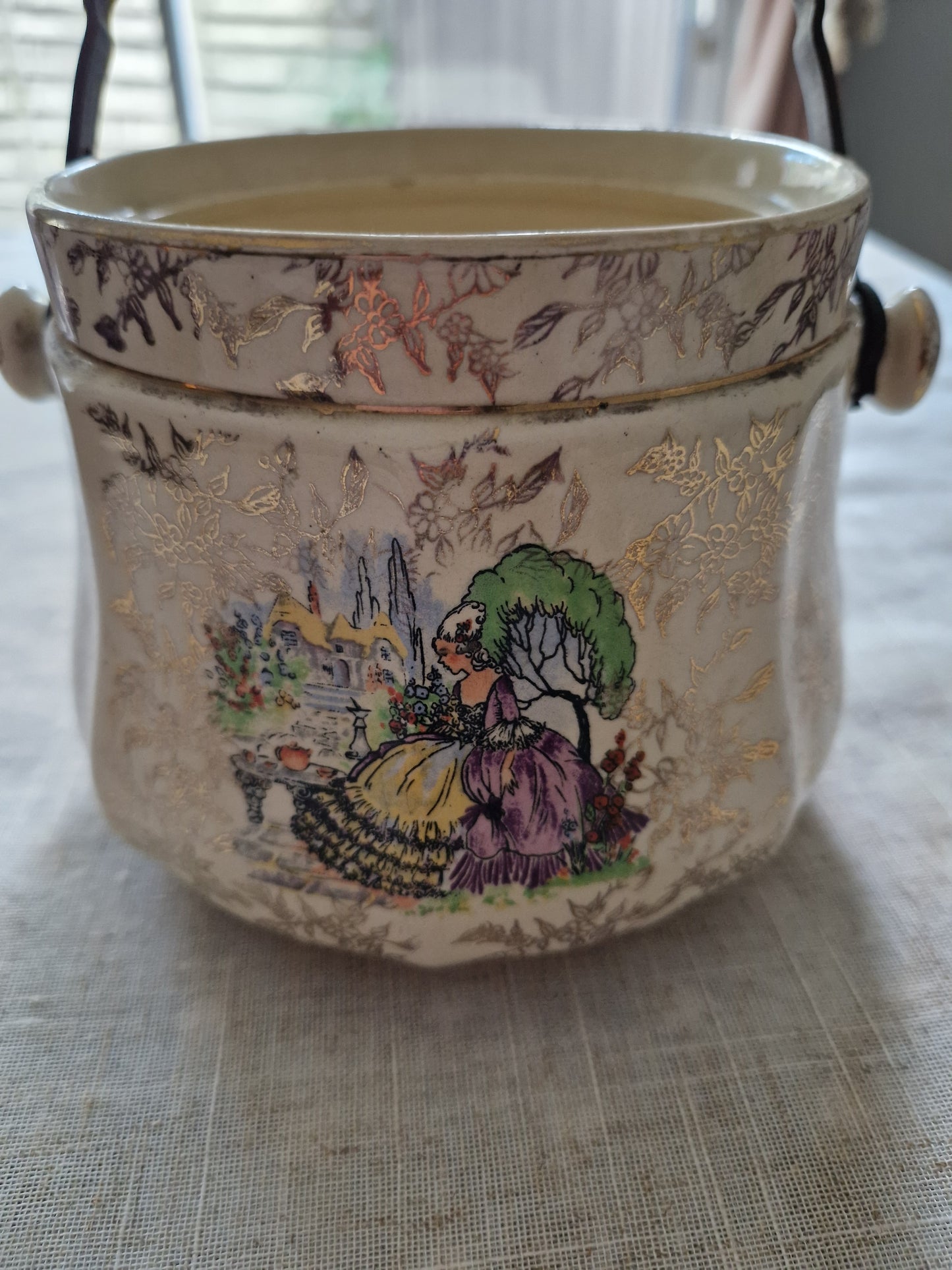 Vintage Sadler Crinoline Lady Biscuit Barrel - English Pottery Cookie Jar with Cane Handle