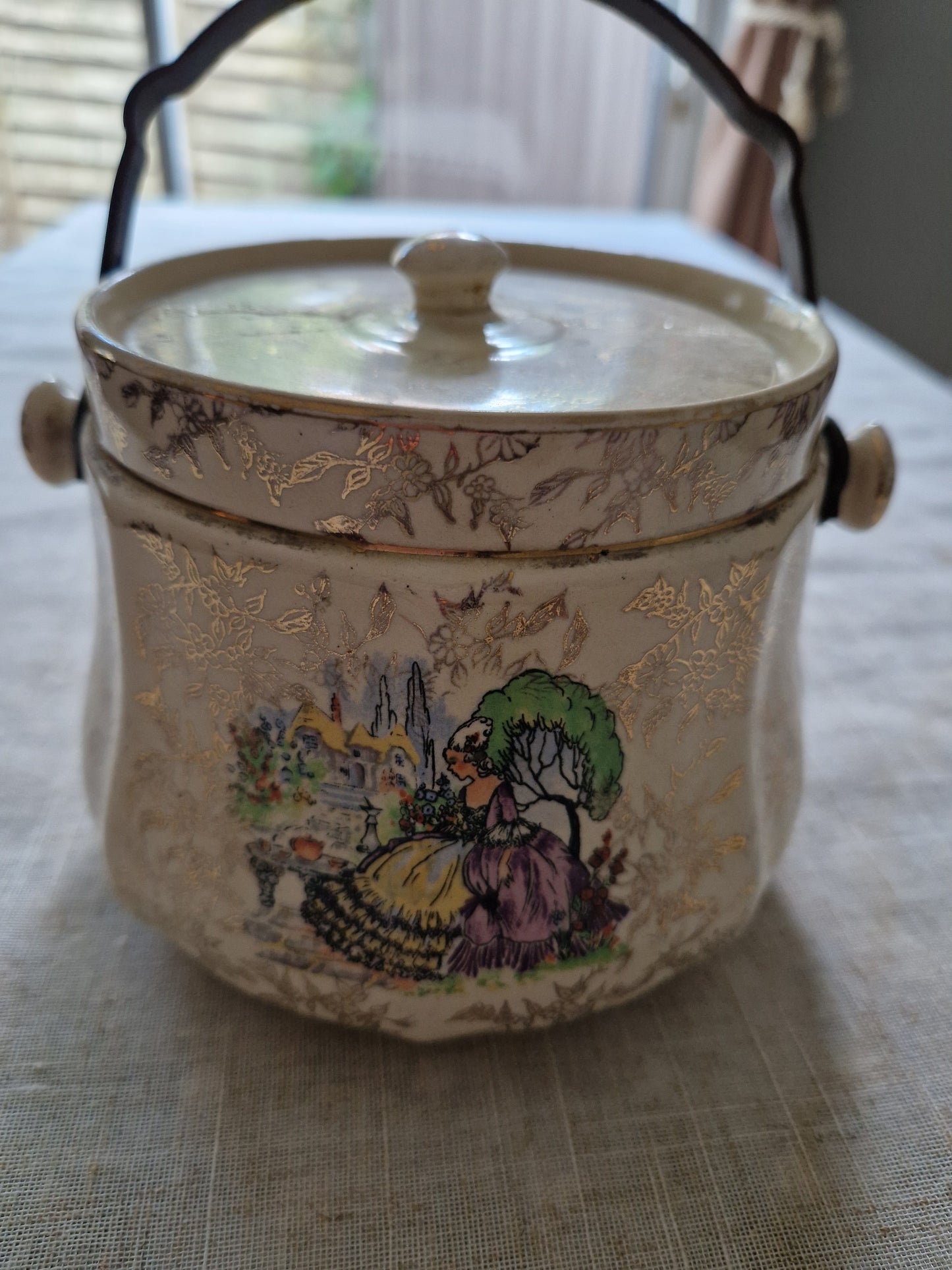 Vintage Sadler Crinoline Lady Biscuit Barrel - English Pottery Cookie Jar with Cane Handle