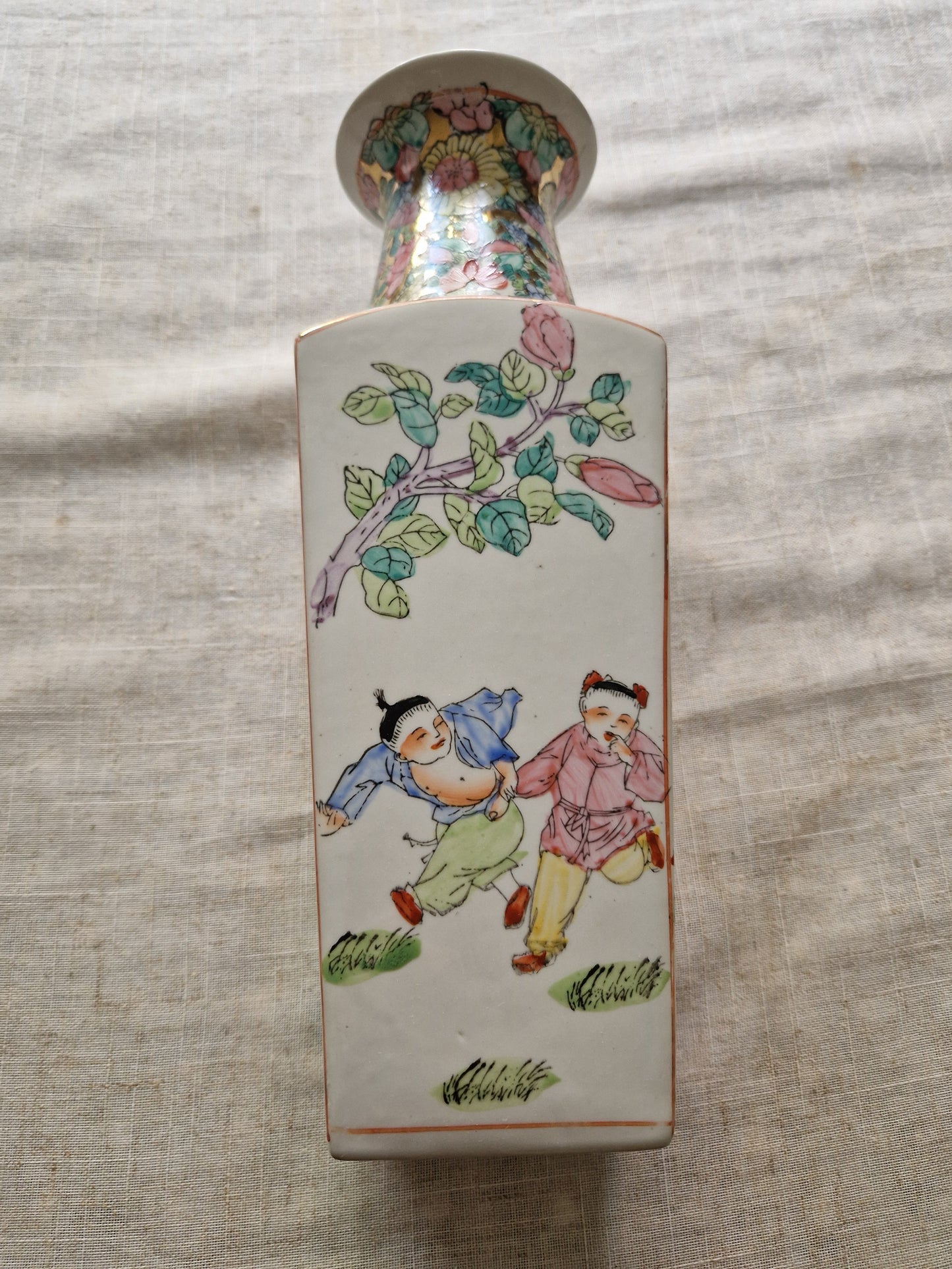 Modern Chinese Famille Rose Style Vase - Children Playing & Foo Dog Design