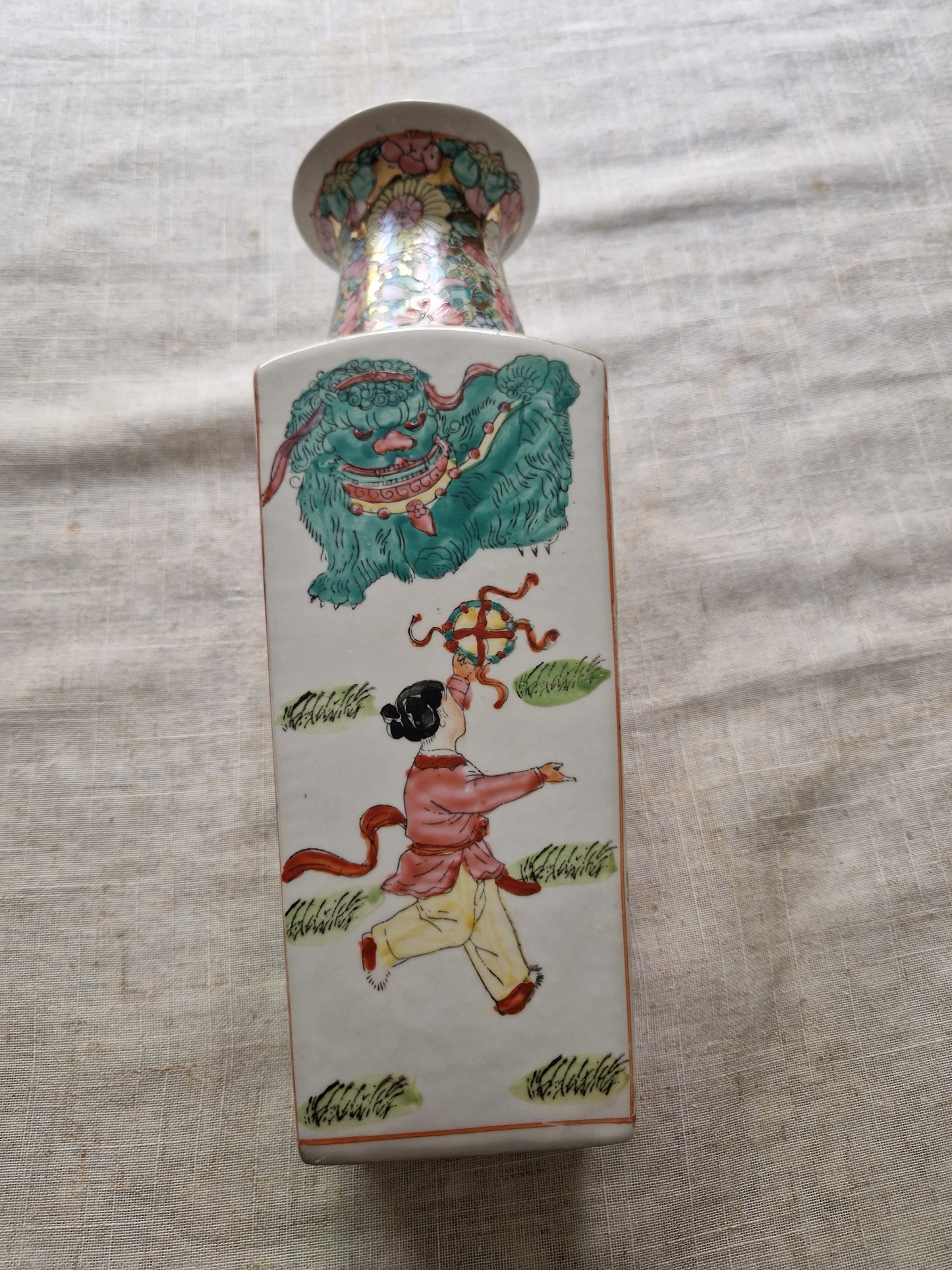Modern Chinese Famille Rose Style Vase - Children Playing & Foo Dog Design