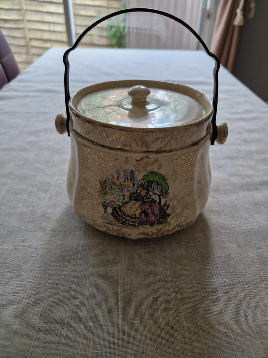 Vintage Sadler Crinoline Lady Biscuit Barrel - English Pottery Cookie Jar with Cane Handle